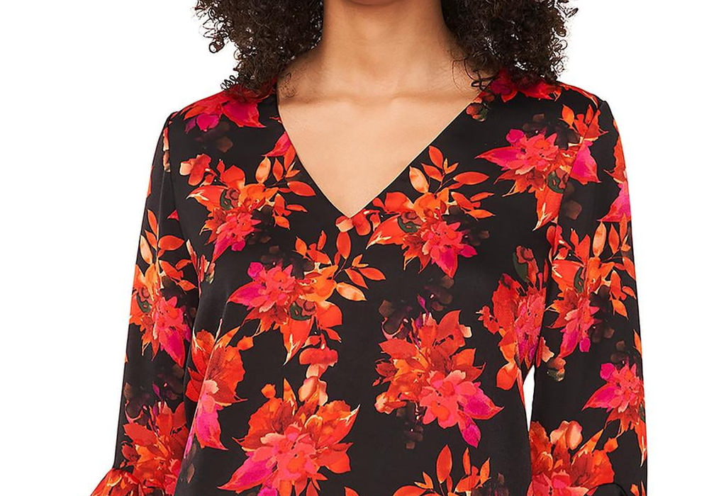 Vince Camuto Printed V Neck Layered Hem Top Black