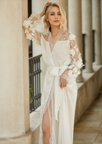 3D Floral Appliqué Sheer Sleeve Satin Robe – Wine Red or Ivory White