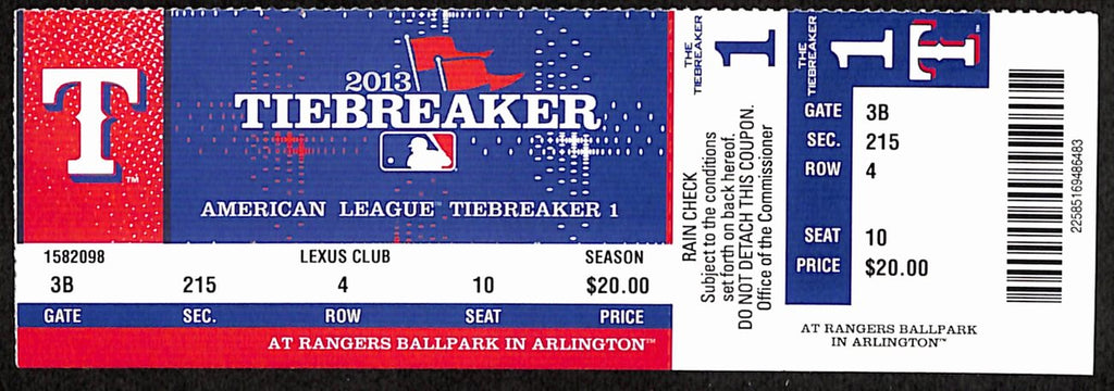 2013 AL Wild Card Tiebreaker Full Ticket Rays 5 v Rangers 2 9/30/2013 187528