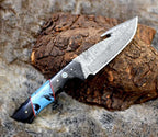DAMASCUS EVOKE HOOK KNIFE, Resin & TURQUOISE HANDLE