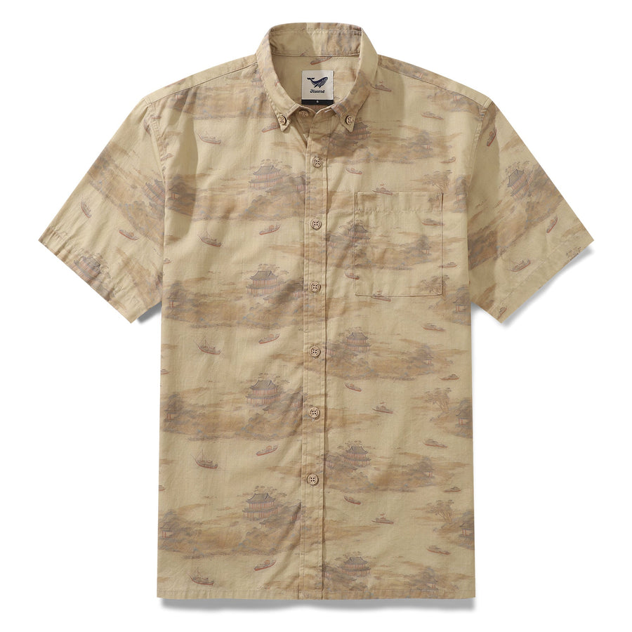 1920s Vintage Men's Hawaiian Shirt Serenity along the Riverbank Cotton Button-down Short Sleeve Aloha Shirt