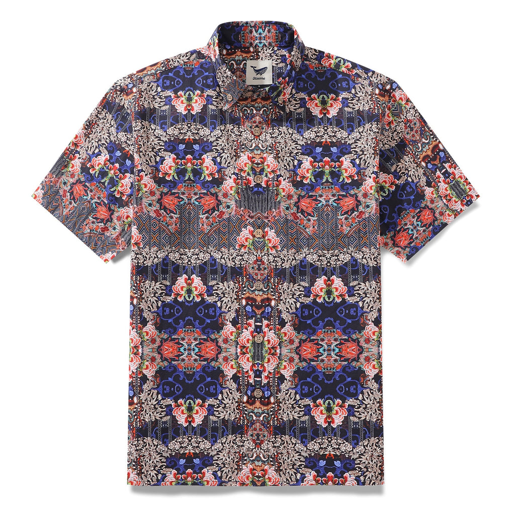 Men's Hawaiian Shirt Blossoms of Antiquity Print 1940s Vintage Short Sleeve Aloha Shirt