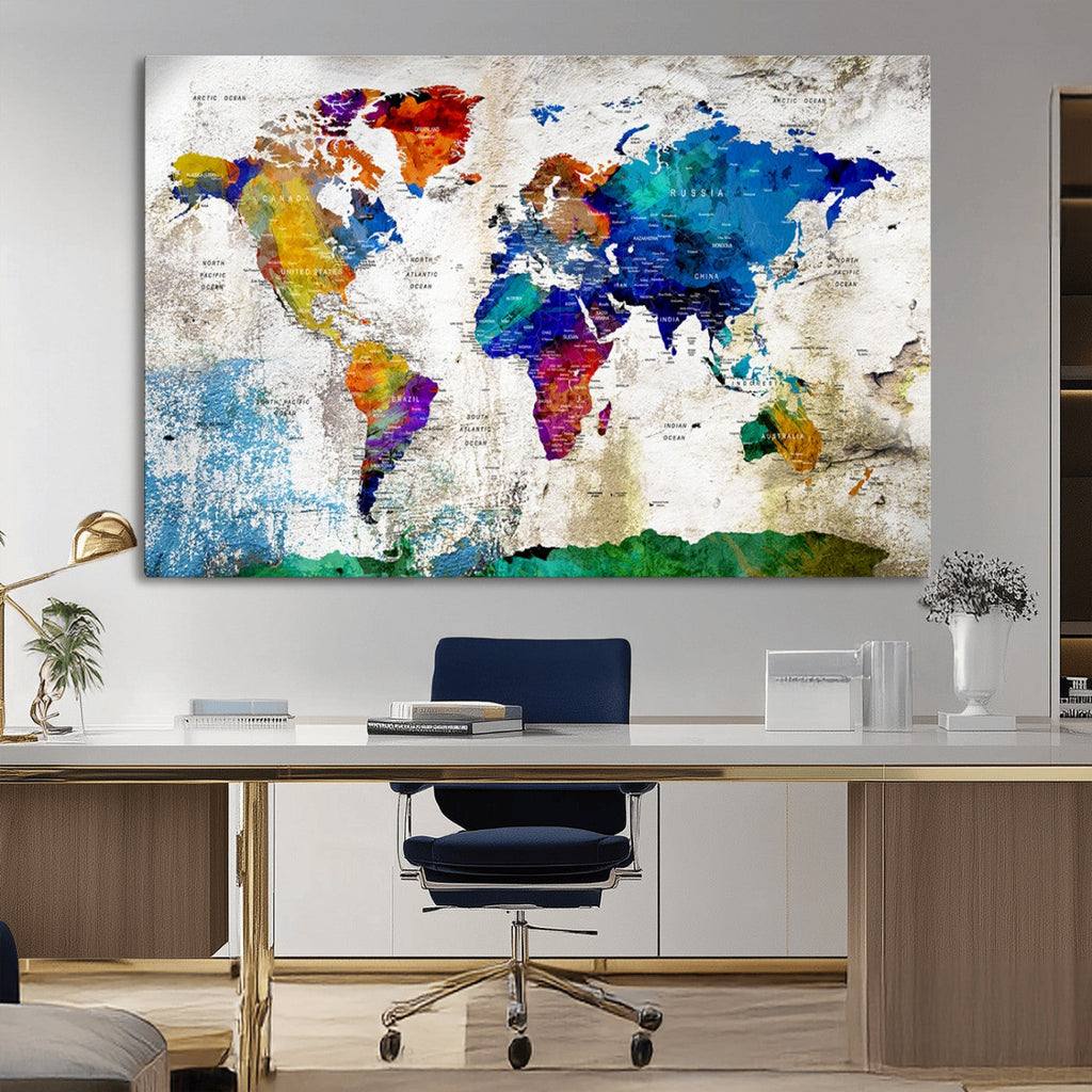 Navy Blue and Orange Watercolor World Map Canvas Print | Framed Travel Map