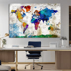 Navy Blue and Orange Watercolor World Map Canvas Print | Framed Travel Map