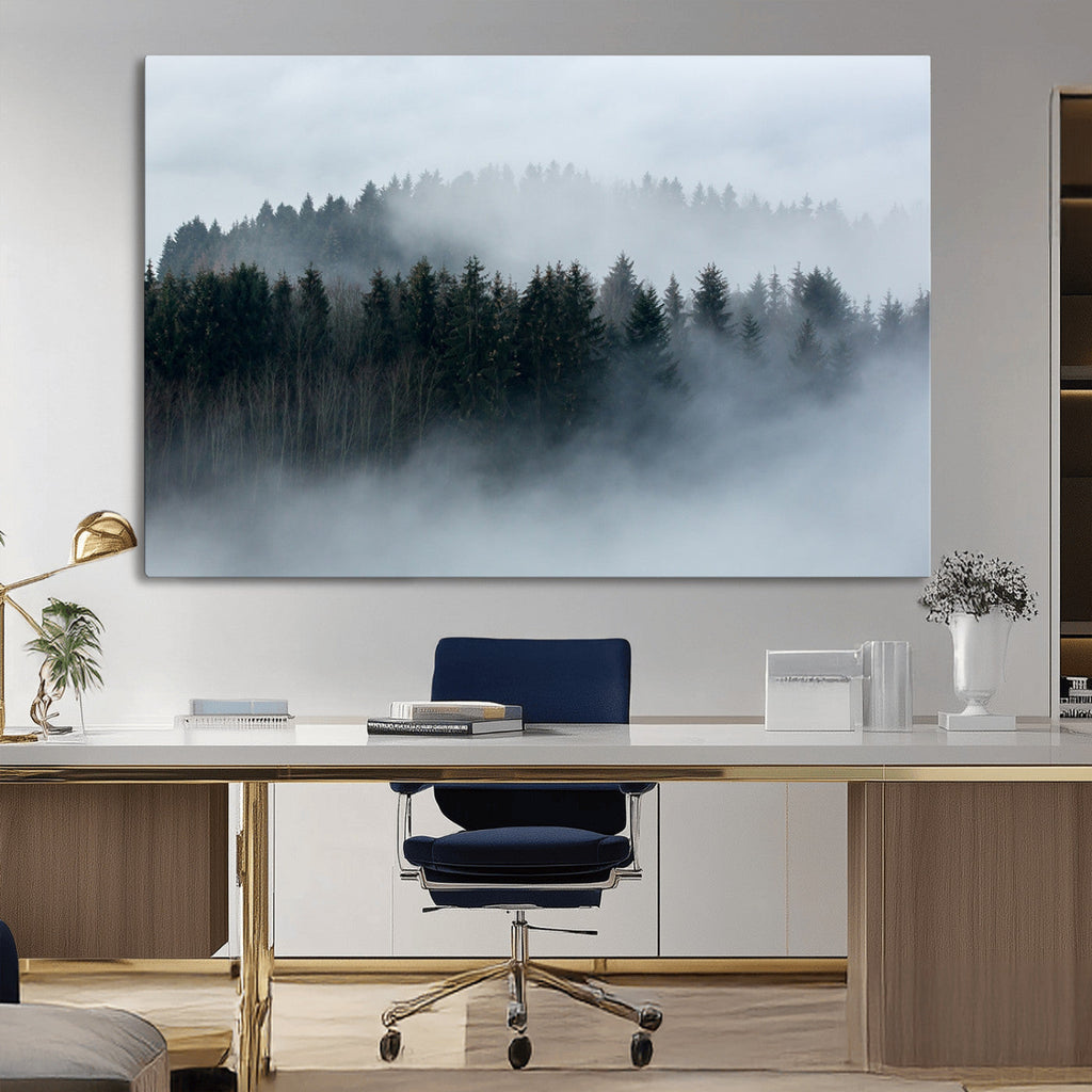 Autumn and Misty Trees in the Forest Wall Art Canvas Print, Foggy Forest Mountain Wall Art