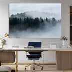 Autumn and Misty Trees in the Forest Wall Art Canvas Print, Foggy Forest Mountain Wall Art
