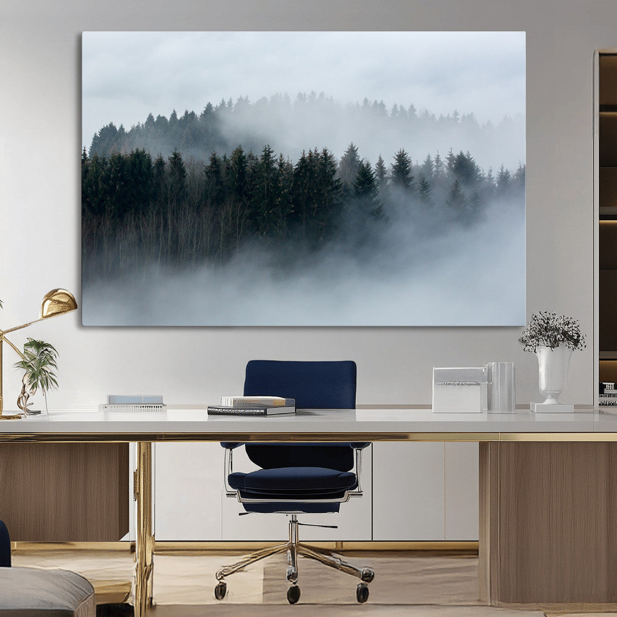 Autumn and Misty Trees in the Forest Wall Art Canvas Print, Foggy Forest Mountain Wall Art