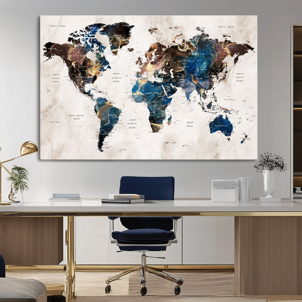 Abstract Earth Tone Blue World Map Canvas Print | Framed Travel Map Wall Art