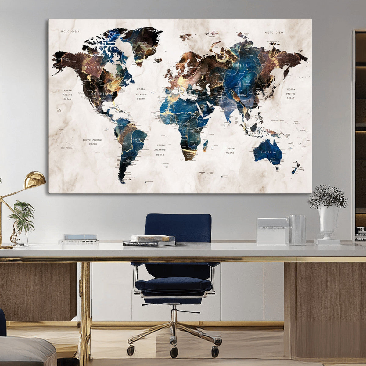 Abstract Earth Tone Blue World Map Canvas Print | Framed Travel Map Wall Art