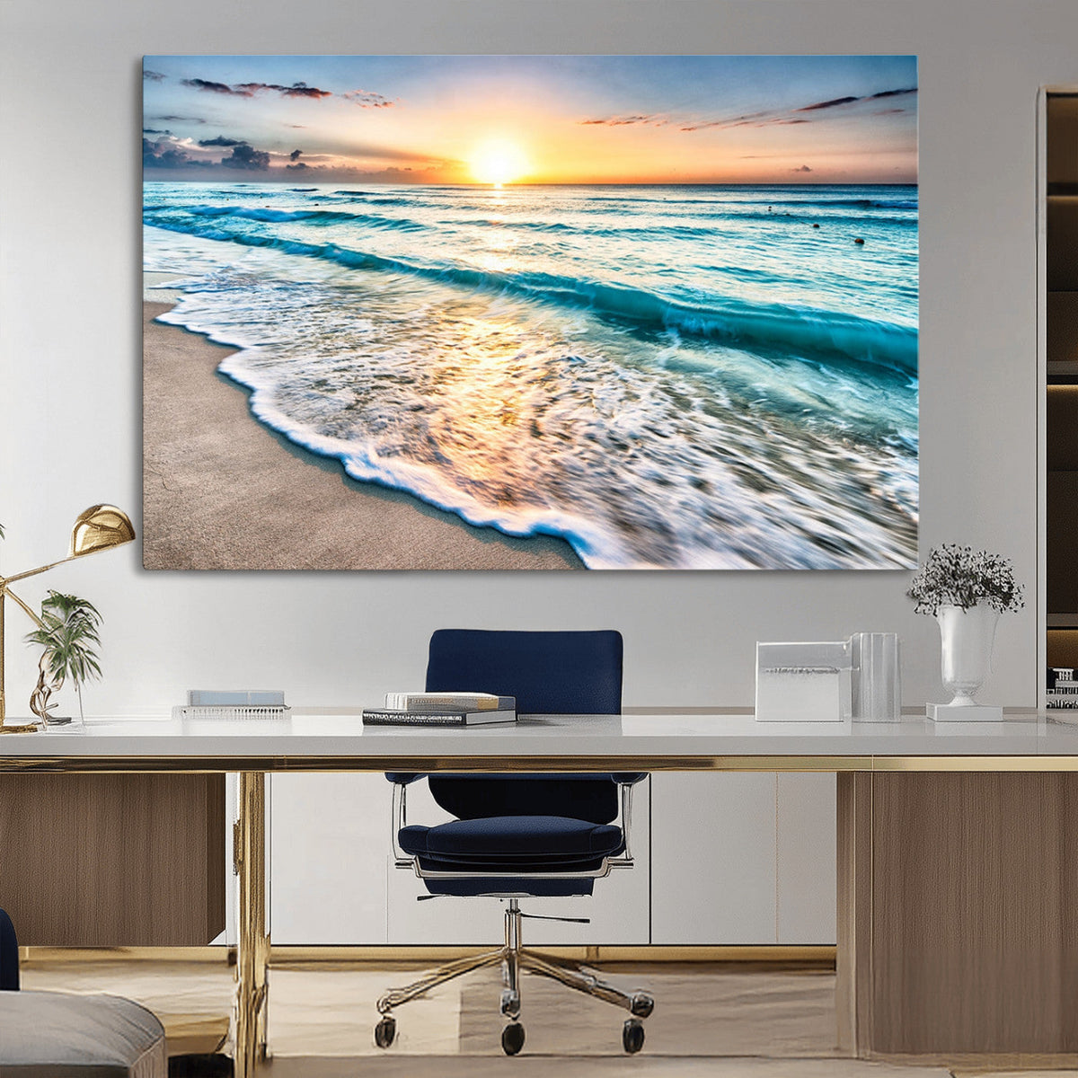 Sunset Beach Waves Canvas Wall Art | Ocean Sunset Coastal Print