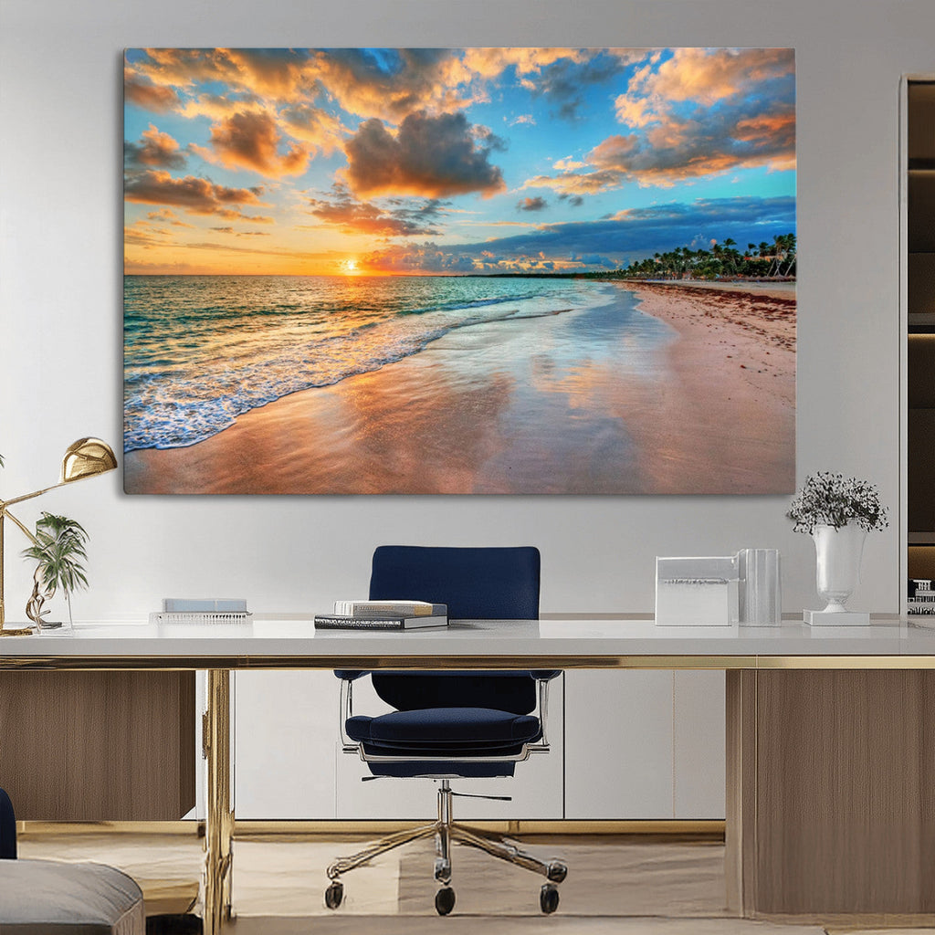 Sunset Beach Canvas Wall Art | Tropical Triptych Seascape Print