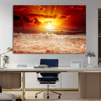 Red Sunset Ocean Beach Canvas Wall Art, Coastal Sunset Print