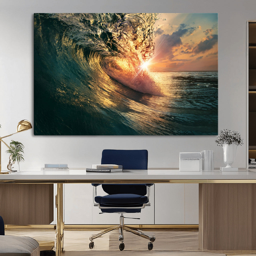 Ocean Wave Sunset Canvas Wall Art | Triptych Seascape Print