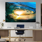 Ocean Wave at Sunset Canvas Art, Large Wall Print of Vibrant Surfing Wave