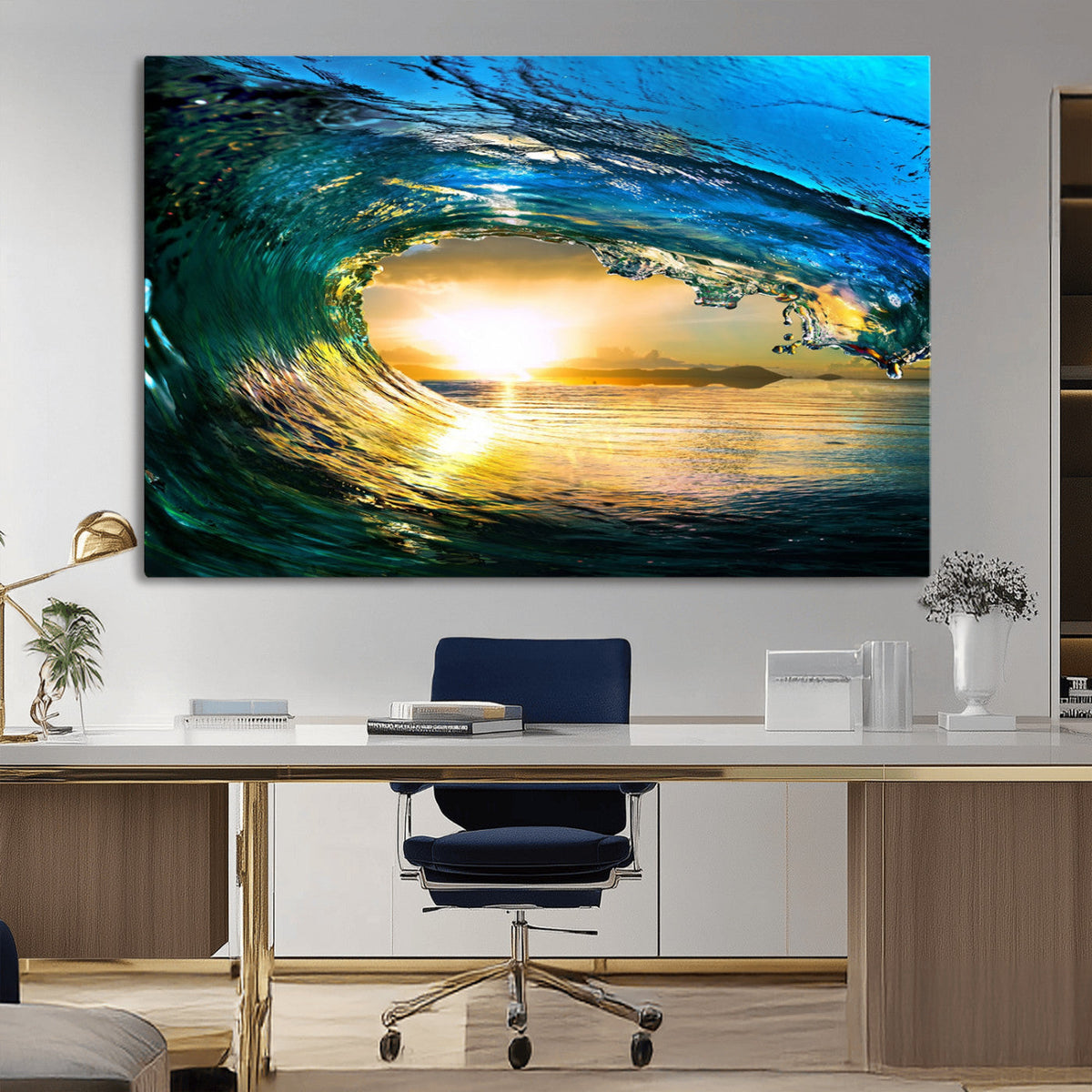 Ocean Wave at Sunset Canvas Art, Large Wall Print of Vibrant Surfing Wave