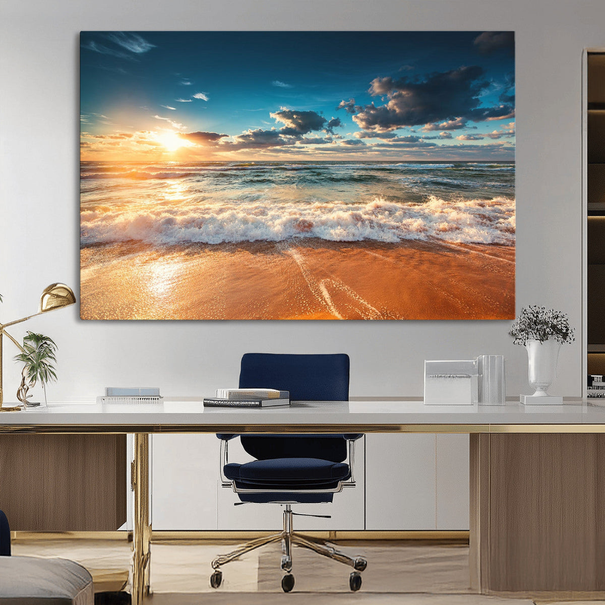 Golden Sunset Beach Triptych Canvas Art, Giclee Coastal Wall Decor, Ocean Waves Print