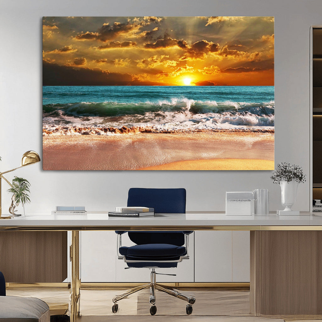 Golden Sunset Beach Canvas Wall Art | Triptych Seascape Print, Framed and Ready to Hang