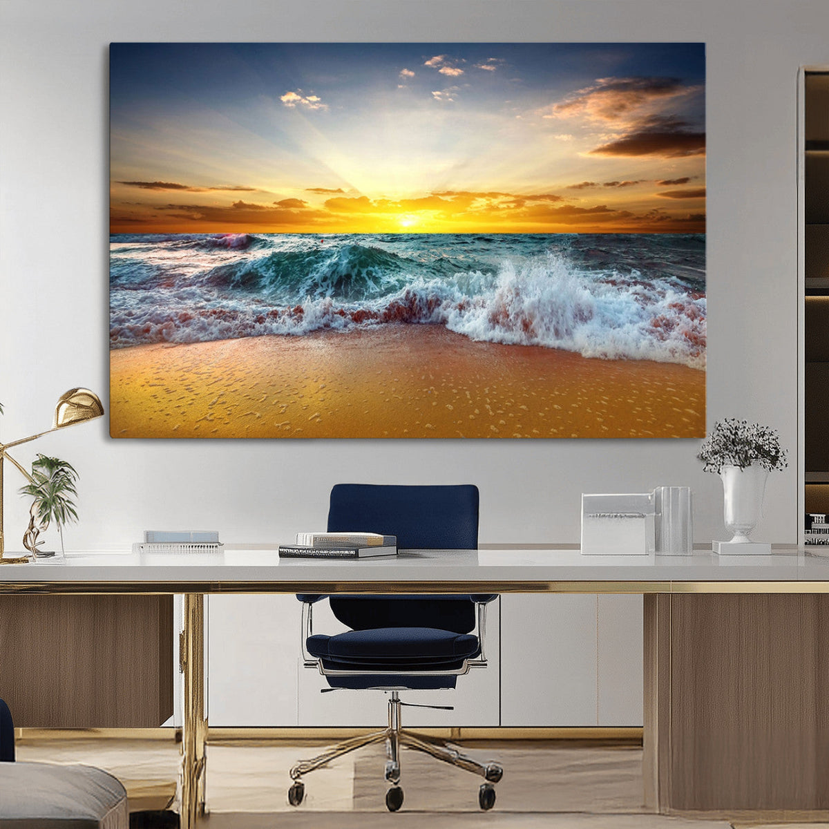 Golden Sunset Ocean Waves Wall Art Canvas Print | Multi Panel Beach Canvas Set, Coastal Triptych