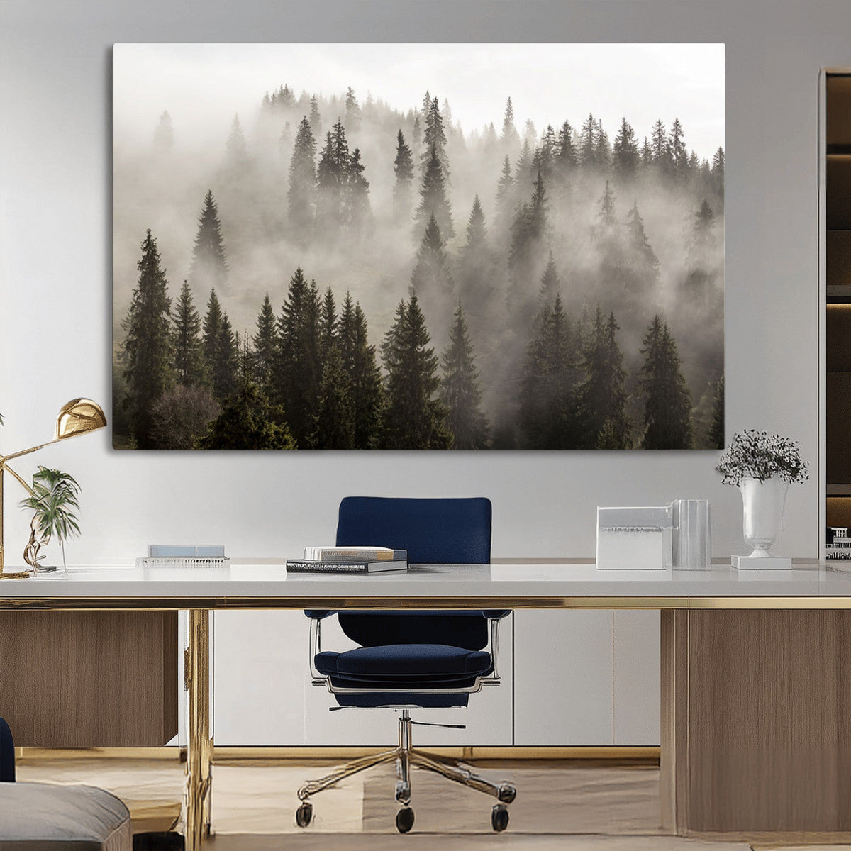 Foggy Mountain Wall Art | 3-Panel Foggy Forest and Mountain Landscape Canvas Print