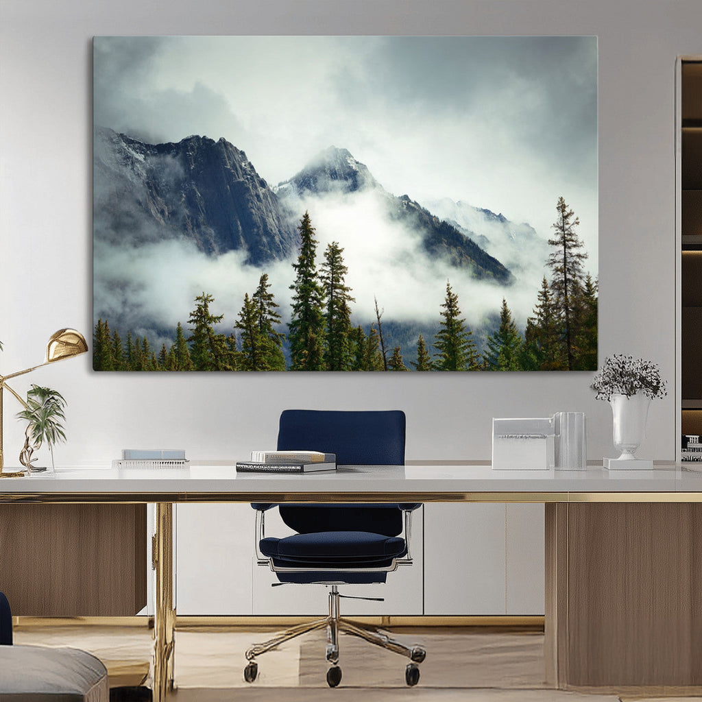 Mountain Mist Canvas Wall Art Print | 3-Panel Foggy Forest and Mountain Landscape