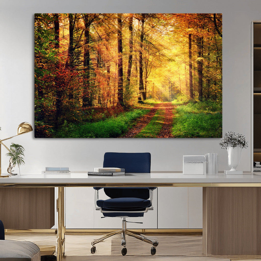 Sunlight Through Trees Wall Art Canvas Print | Autumn Forest Wall Art