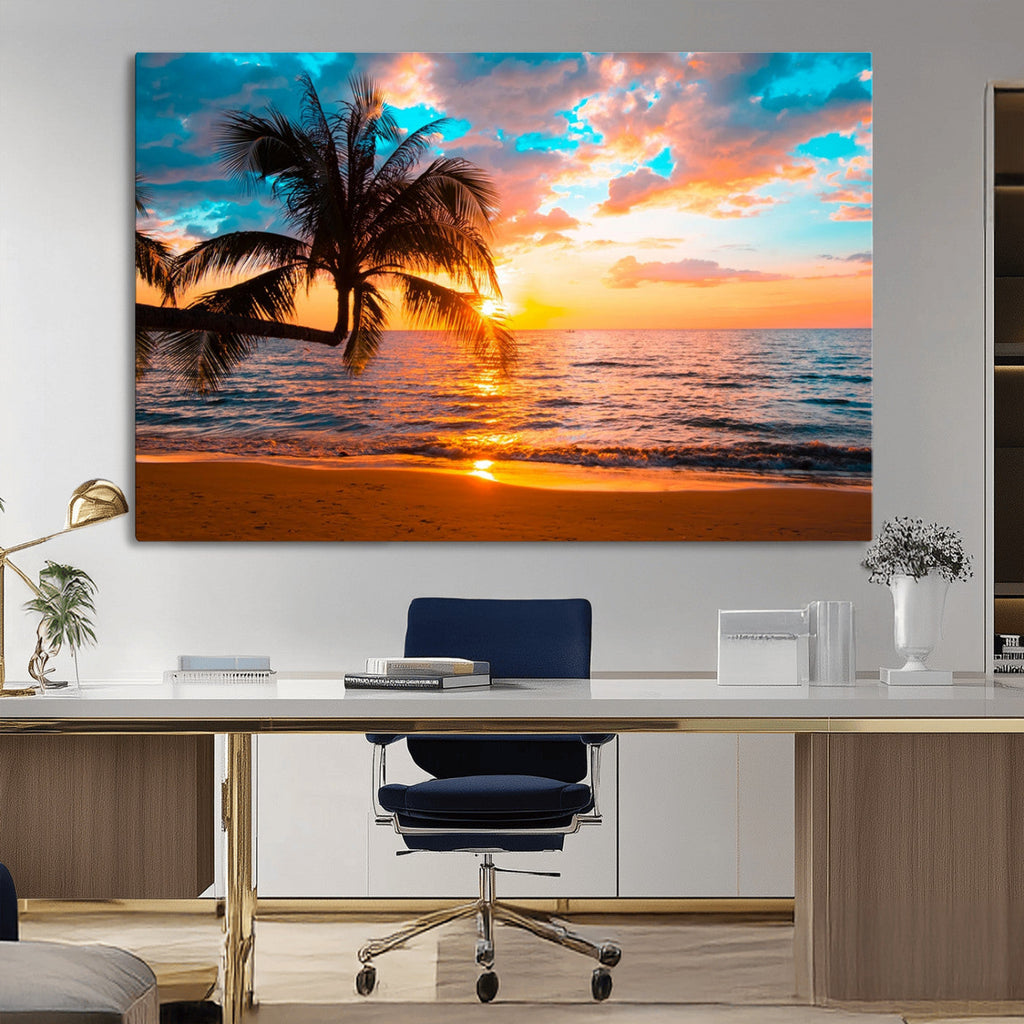 Palm Tree Sunset On The Beach Wall Art Canvas, Framed Palm Tree Sunset Canvas Print