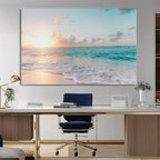 Tranquil Ocean Beach Sunset Canvas Wall Art | 3-Panel Coastal Decor