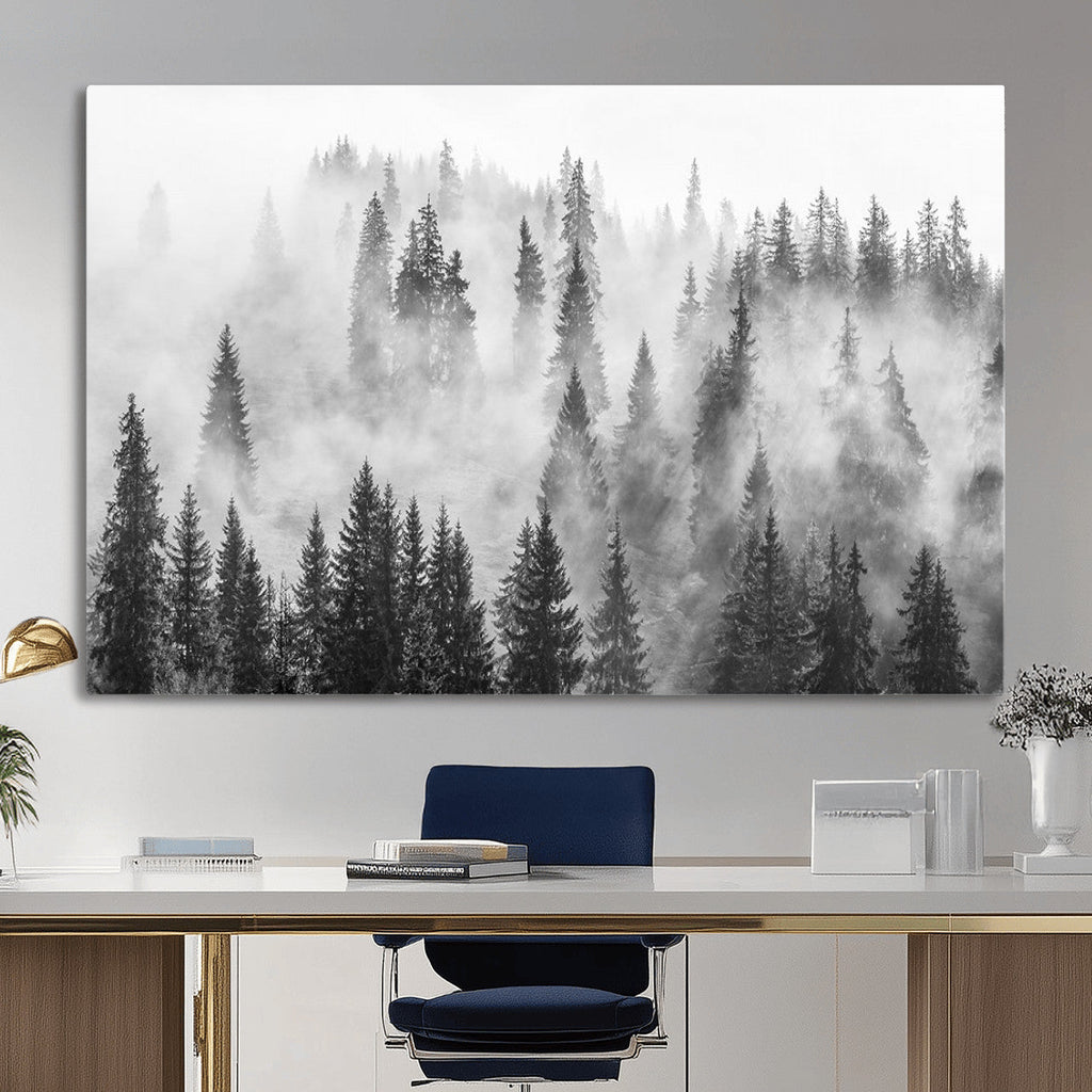 Forest Wall Art Print | Foggy Pine Forest Canvas Wall Art, Black and White Nature Decor