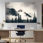 Forest Mountain Print | Black and White Canvas Wall Art with Misty Forest Design