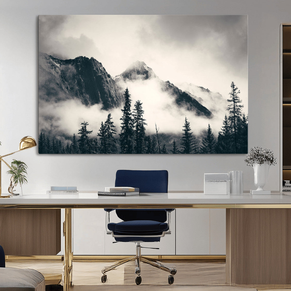 Forest Mountain Print | Black and White Canvas Wall Art with Misty Forest Design