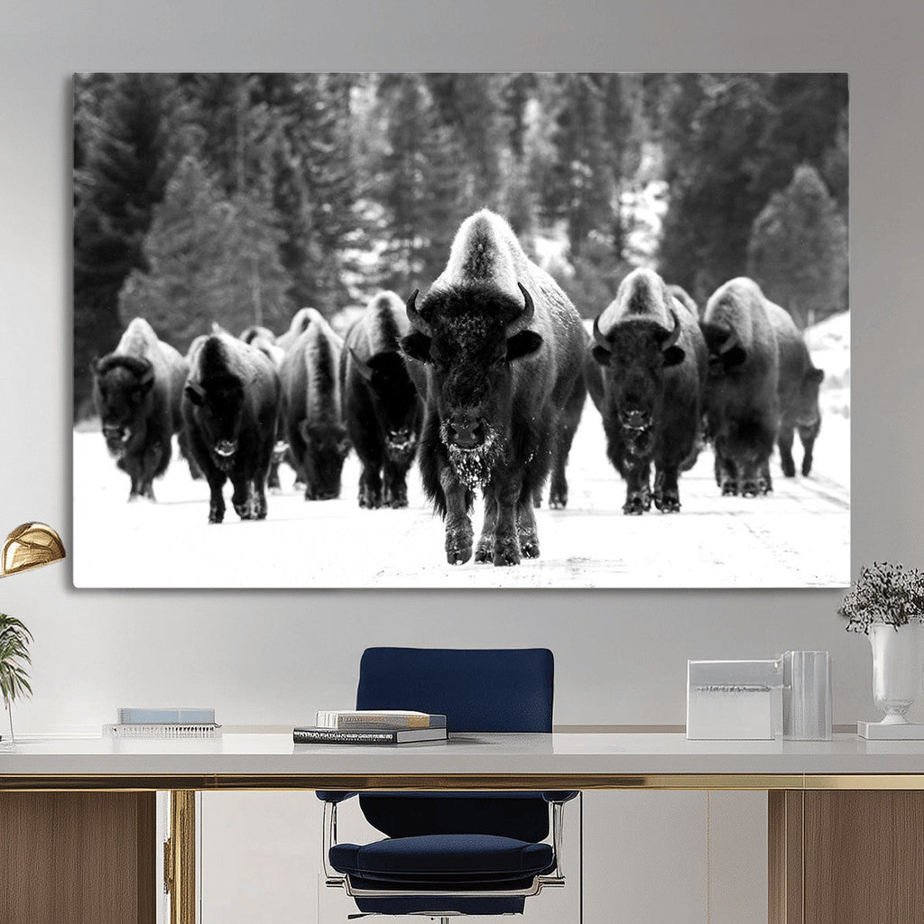 Bison Herd in Snow Wall Art Canvas Print | Rustic Western Bison Wall Art for Living Room and Farmhouse Decor