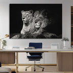 Lion Couple Wall Art Canvas Print, Elegant Black and White Wildlife Portrait