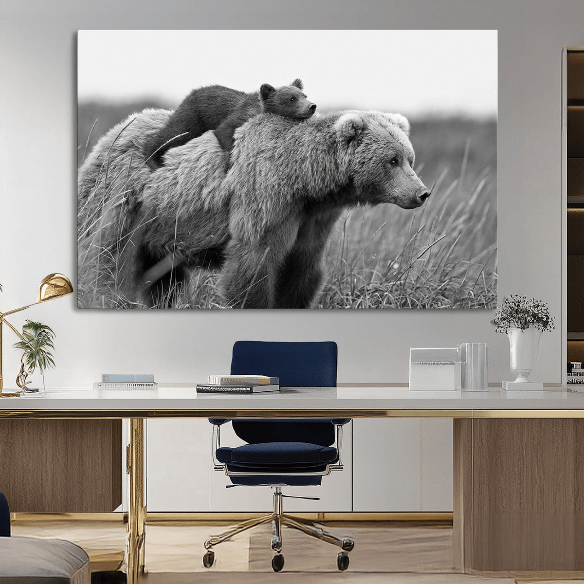 Bear and Cub Wall Art Canvas | Grizzly 399 Bear and Cub Black and White Wildlife Print
