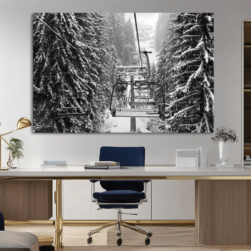 Winter Ski Lift Black and White Canvas Wall Art | Alpine Escape in Minimalist Style