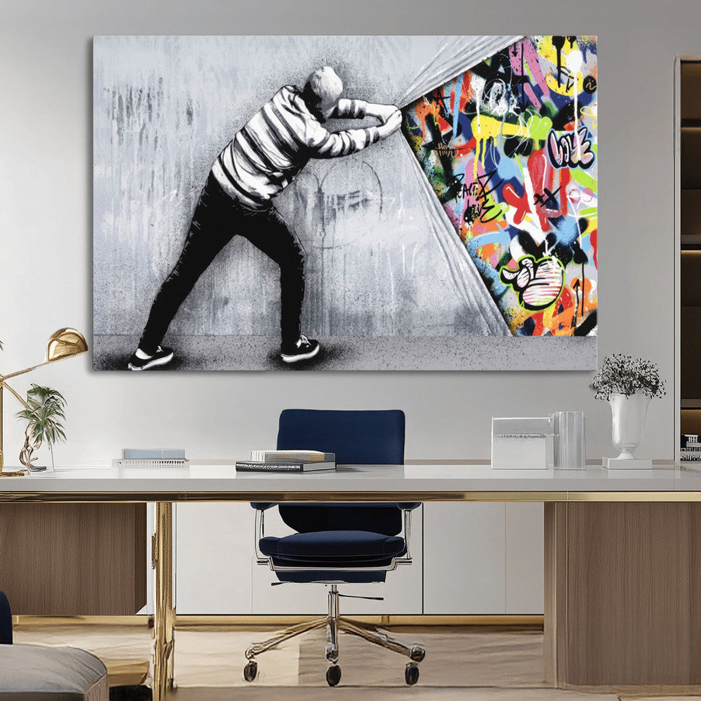 Banksy Art Behind the Curtain Street Wall Art Canvas Print | Urban Graffiti Style Wall Decor
