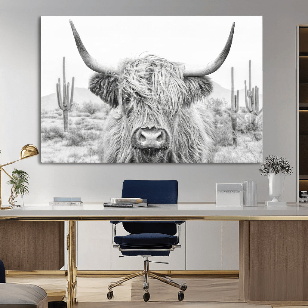 Rustic Charm, Cow Longhorn Black White Bighorn Wall Art