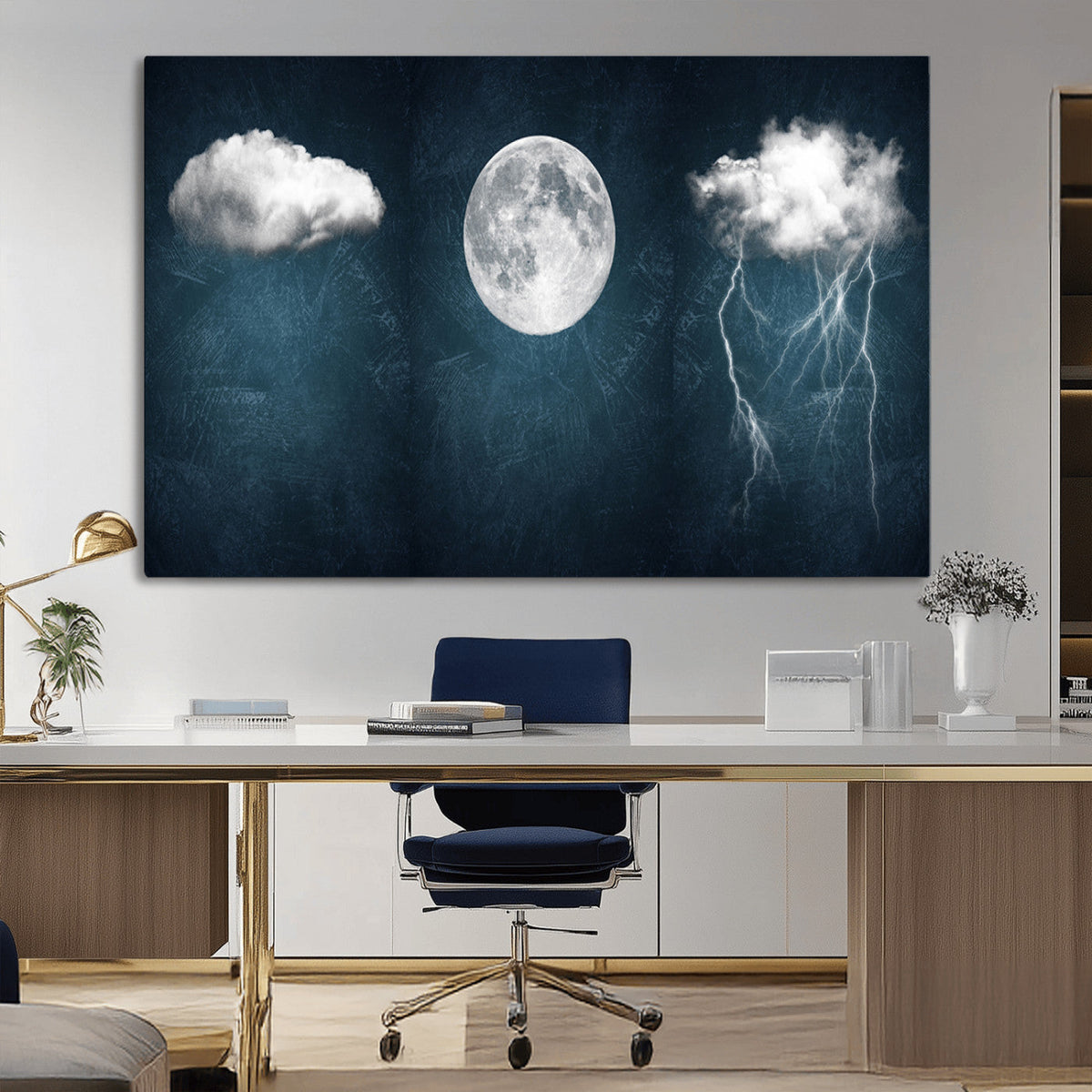 3 Piece Indigo Cloud Wall Art, Thunderstorm Moon Cloud Artwork