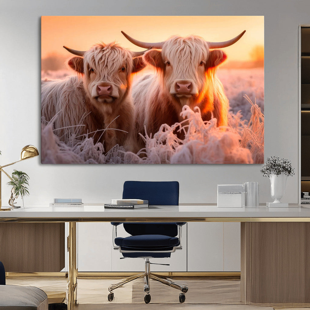 Highland Cows at Sunrise Wall Art Canvas Set