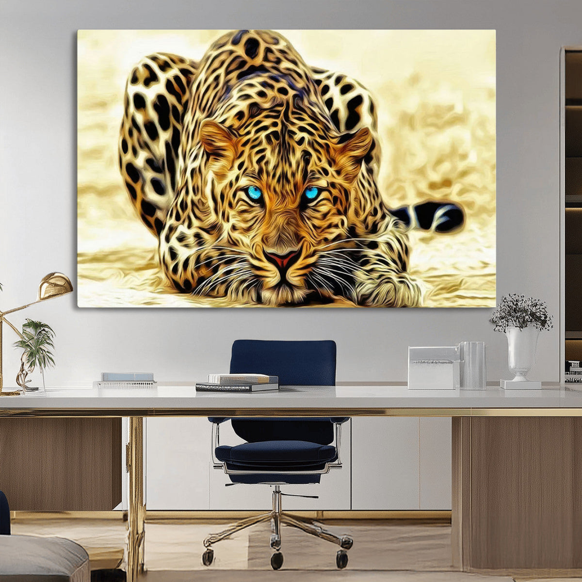 Blue-Eyed Leopard Canvas Wall Art, Framed Animal Print, Fierce and Bold Decor for Living Rooms