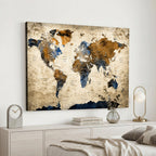 World Map Wall Art | Antique Style Blue and Brown Map Canvas Print