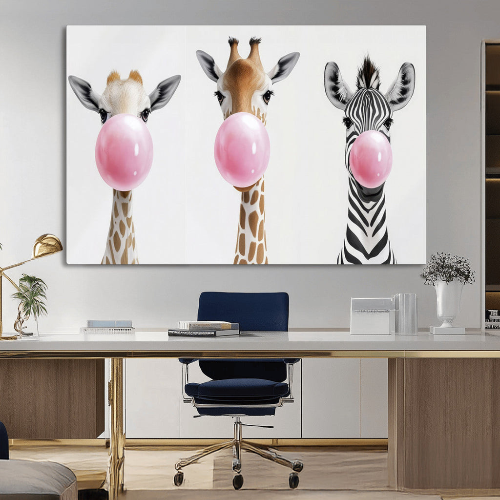 Bubblegum Animals Canvas Wall Art, Playful Giraffe and Zebra Trio, Whimsical Nursery and Kids Room Decor