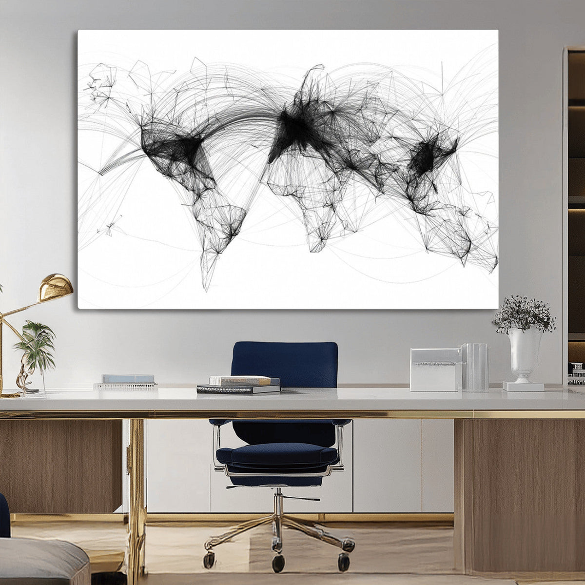 Abstract World Map Wall Art | Framed Geometric Line Canvas