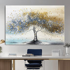 Golden and Silver Tree Wall Art | Framed Elegant Leaves Canvas
