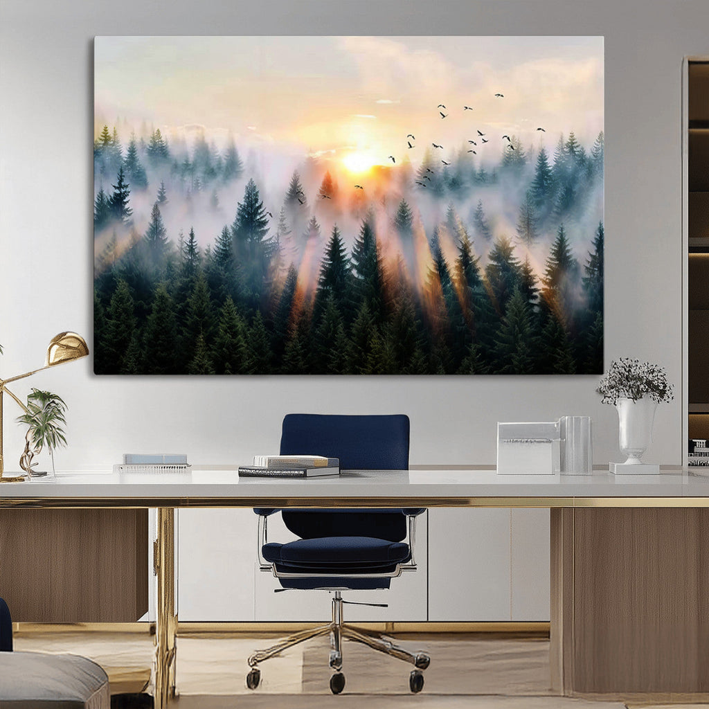 Abstract Forest Wall Art, Serene Nature Canvas Print with Misty Forest Design for Modern Home Decor