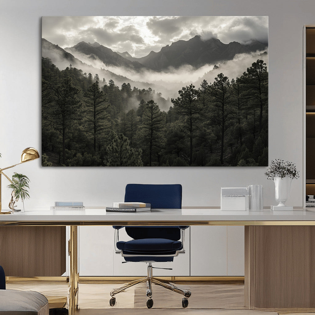 Moody Forest Wall Art | Framed Mountain Fog Canvas Artwork