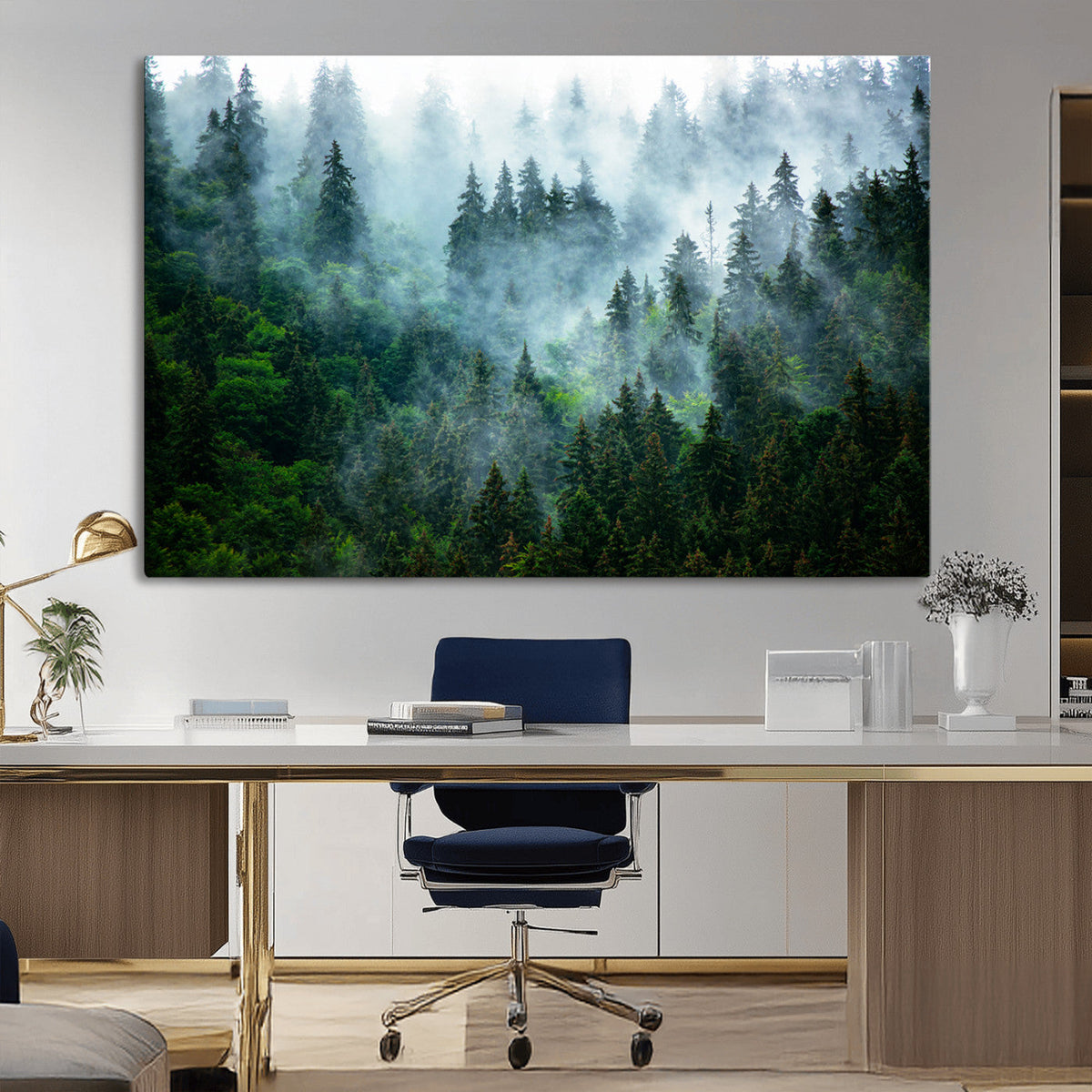 Misty Forest Wall Art Canvas Print, Framed Foggy Mountain Art, Large Scenic Woodland Canvas
