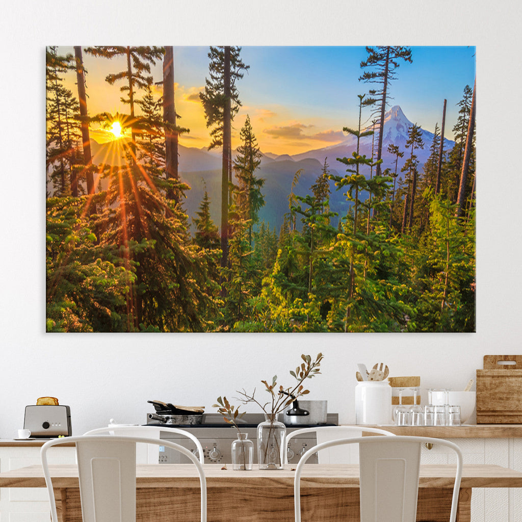Forest Sunset Wall Art Canvas Print | Green Pines in Golden Light