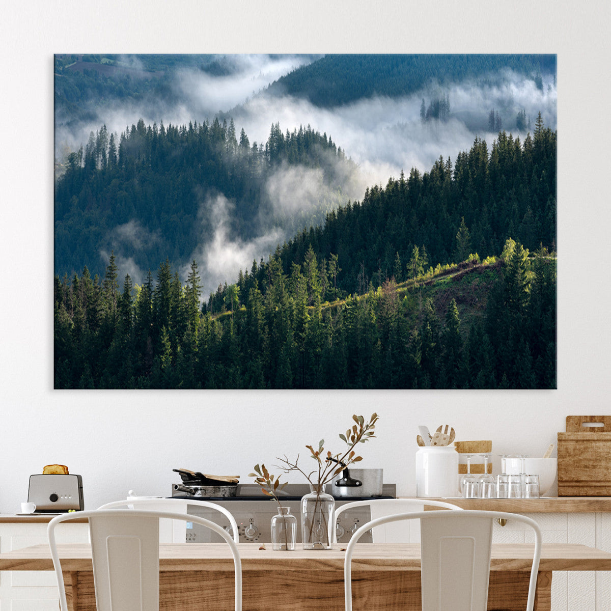 Misty Forest Wall Art Canvas Print | Pine Hills with Foggy Trees