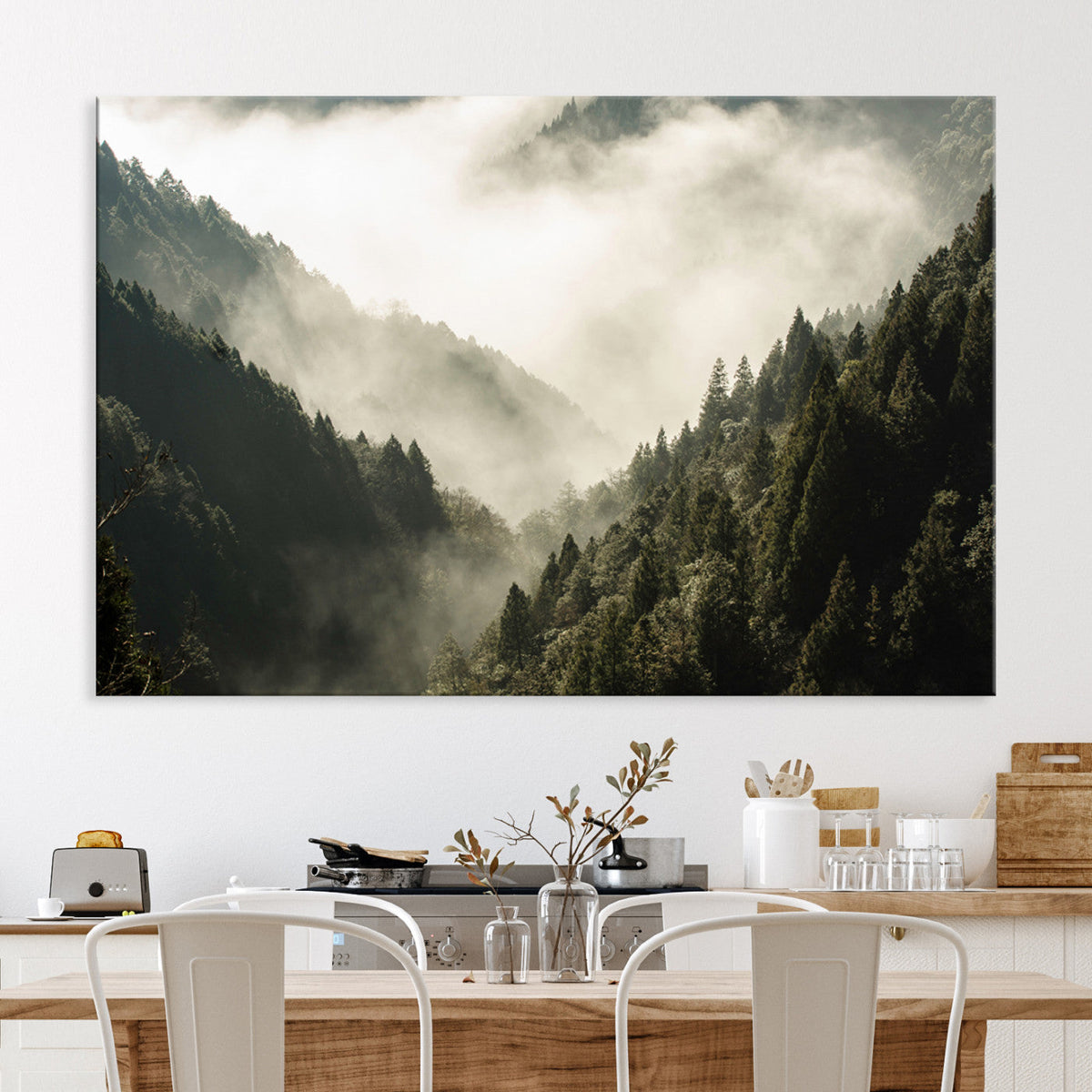 Misty Valley Wall Art Canvas Print | Foggy Forest and Pine Trees