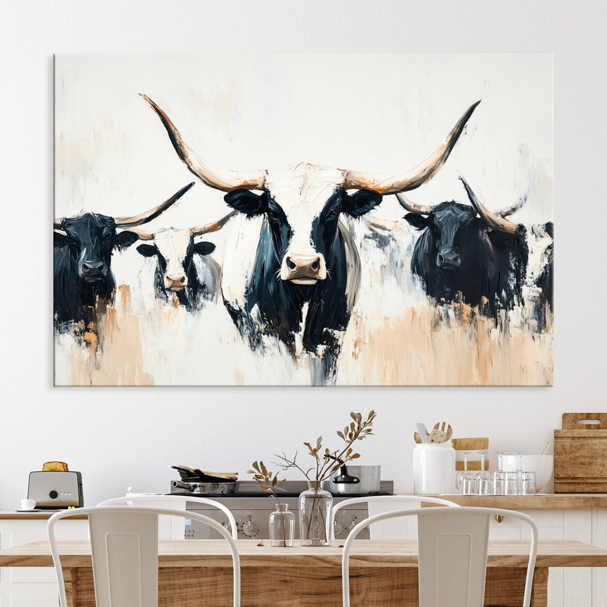 Texas Longhorn Wall Art Canvas Print | Majestic Horned Bull in Black and White